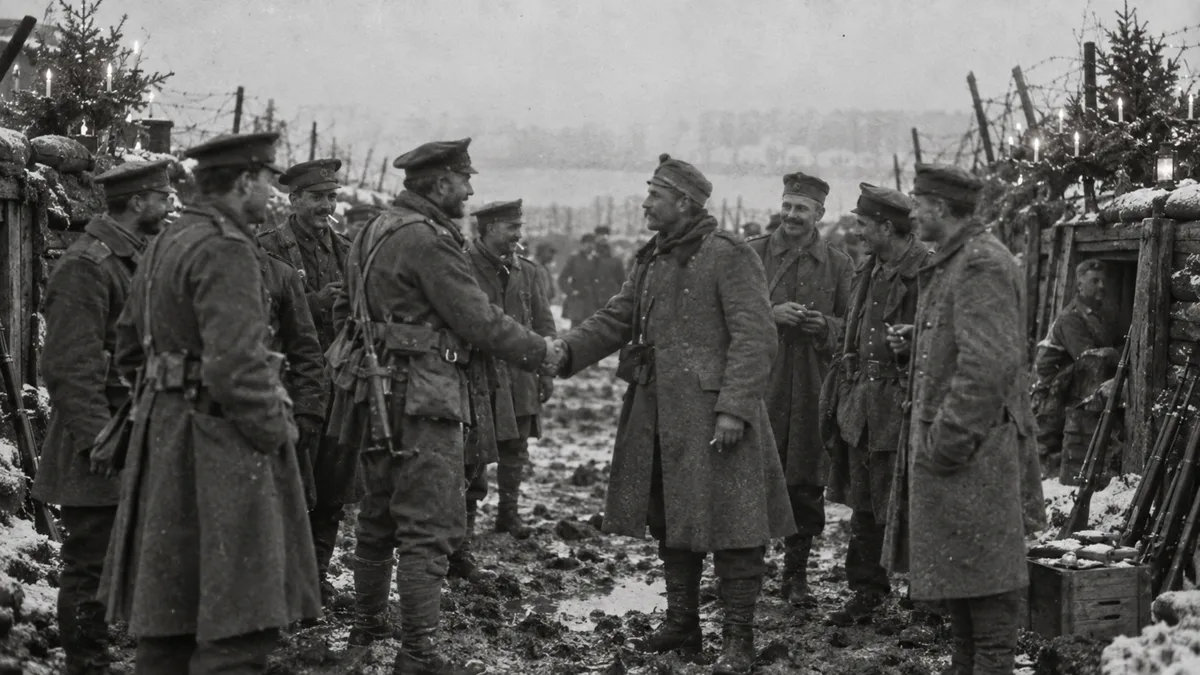 Na véspera de Natal de 1914, soldados ouviram canções vindo da trincheira inimiga, responderam cantando e acabaram largando os rifles para se encontrar no meio do campo de batalha