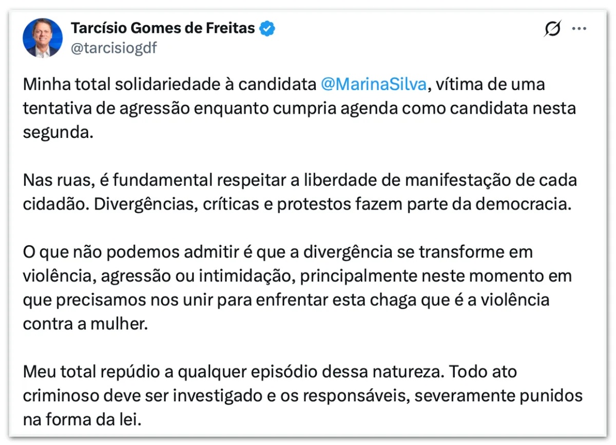 Tarcísio manifesta solidariedade a Marina após intimidação em SP