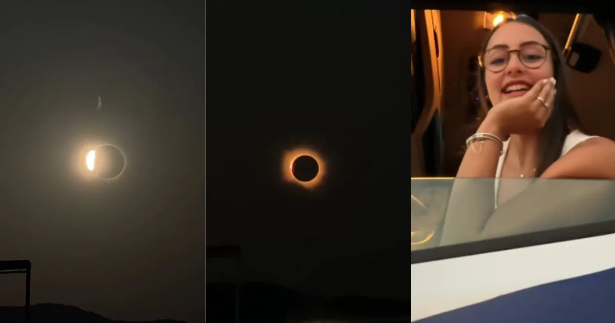 Casal de SC faz registro raro de eclipse solar na Espanha e descreve: ‘Experiência única’