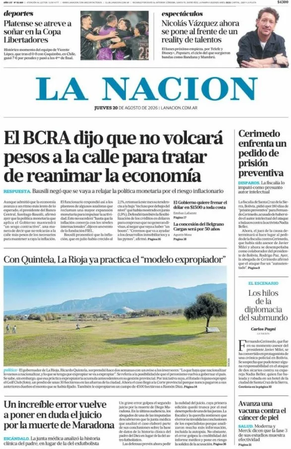 Portadas latinoamericanas de este jueves 20 de agosto de 2026