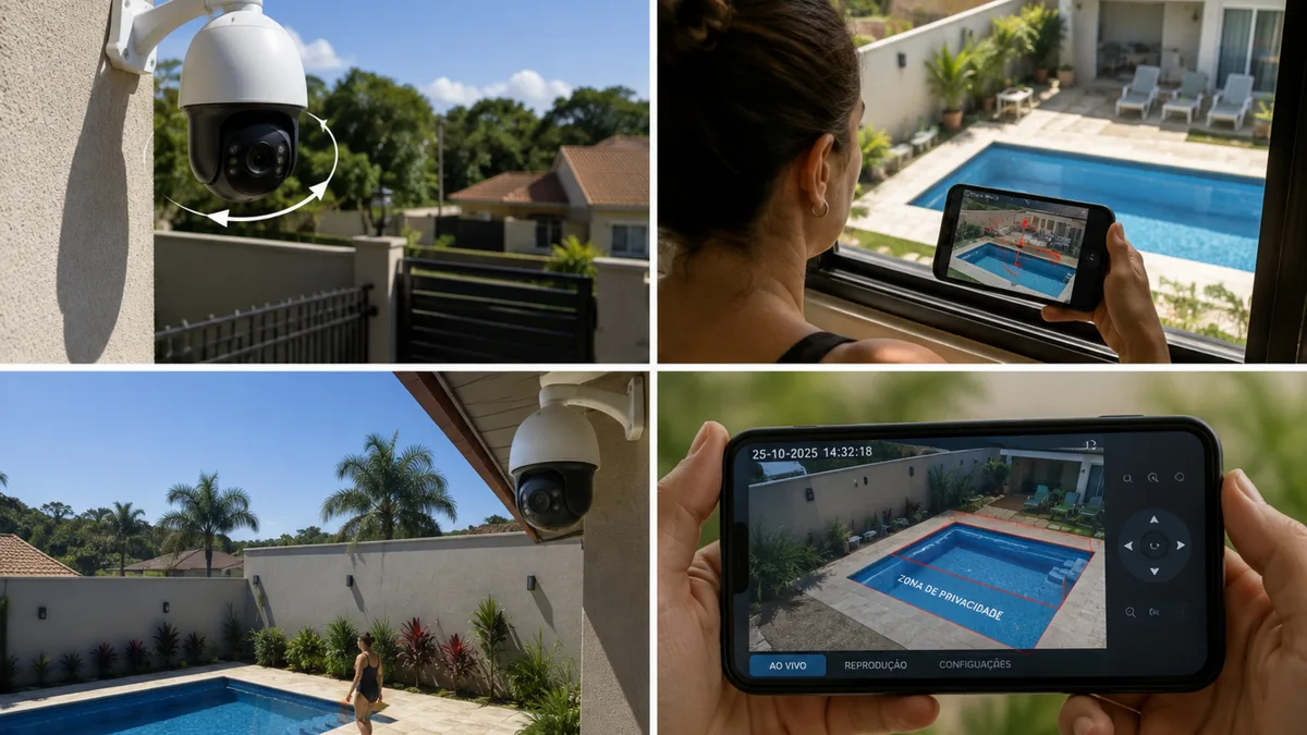 Vizinho instala câmera giratória de 360 graus no segundo andar e lente passa a acompanhar toda a piscina da casa ao lado