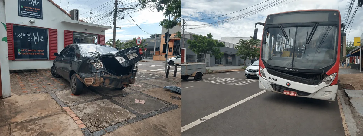 Colisão com ônibus do transporte coletivo destrói traseira de carro