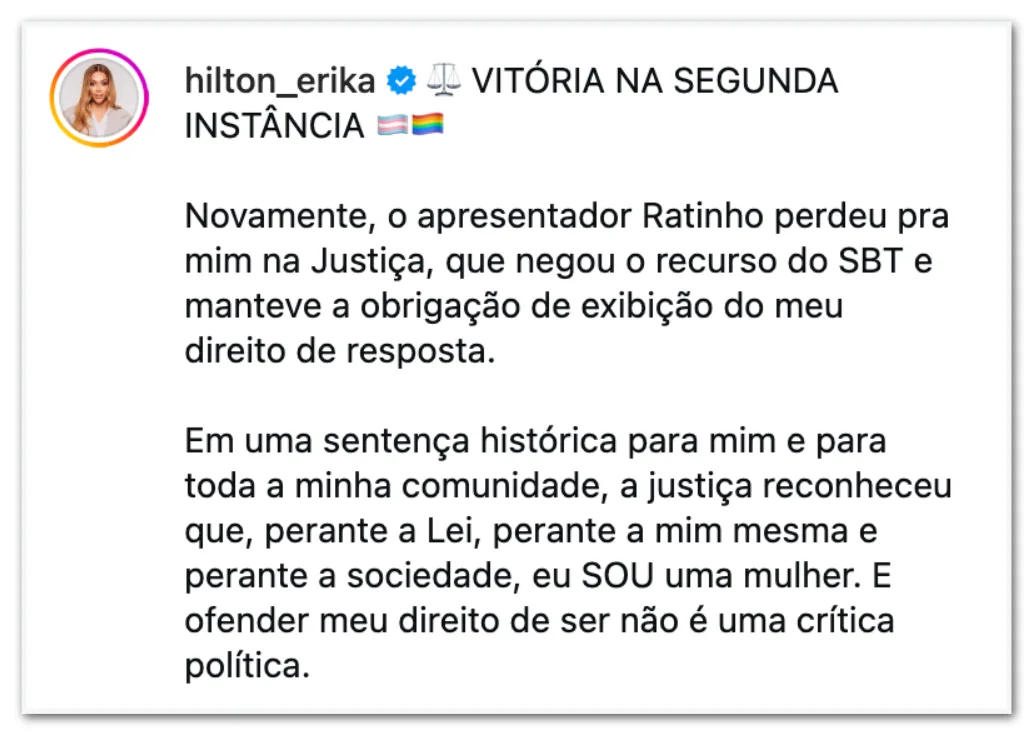 TJ-SP mantém direito de resposta de Erika Hilton no “SBT”