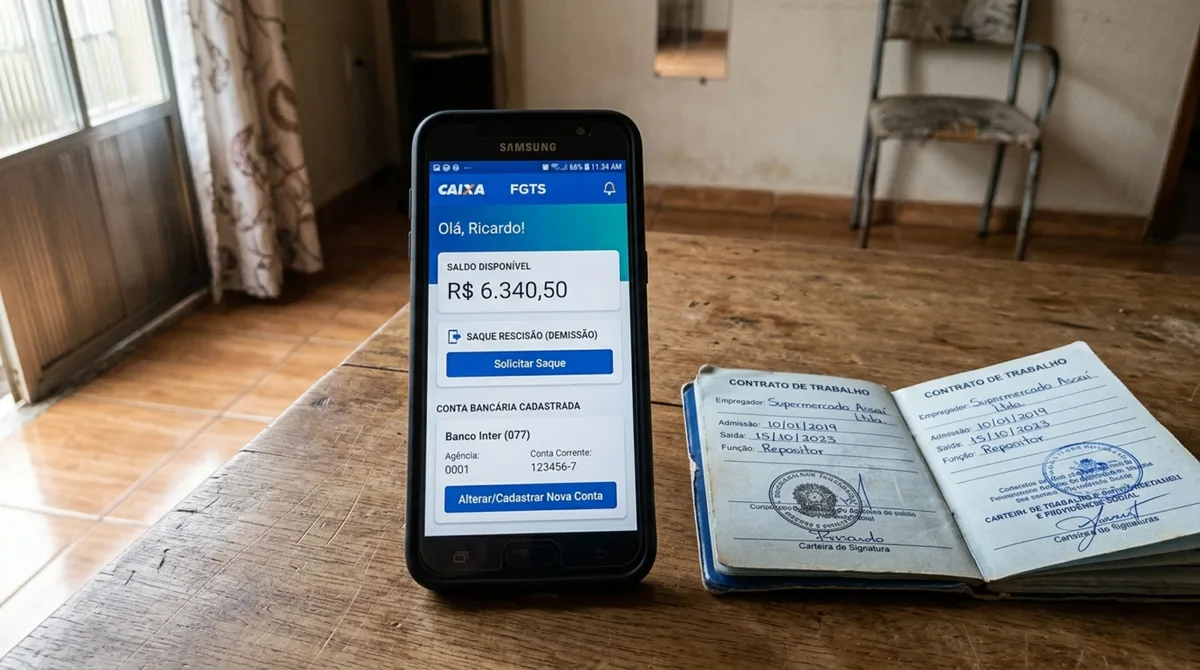 Trabalhador é demitido e acredita que precisa enfrentar fila em uma agência para pedir o FGTS, abre o celular e descobre quais solicitações podem ser feitas pelo aplicativo