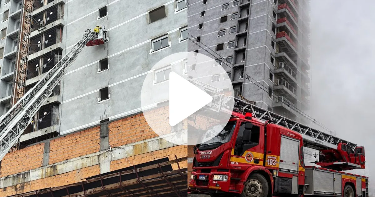 Grande quantidade de fumaça toma prédio de 22 andares após incêndio no subsolo e dois trabalhadores são resgatados em SC