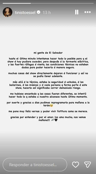 Tini Stoessel reprograma su presentación en El Salvador por fallas técnicas