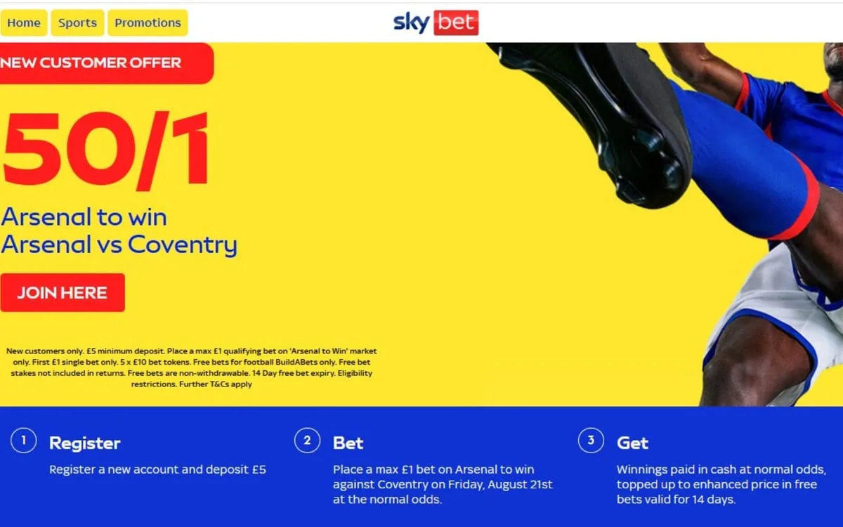 Arsenal vs Coventry City offer: Get 50/1 on a Gunners to win with Sky Bet