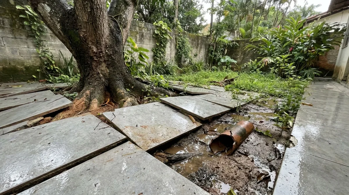 Morador fecha o jardim com porcelanato e, meses depois, raízes sufocadas levantam o piso e rompem a tubulação de drenagem