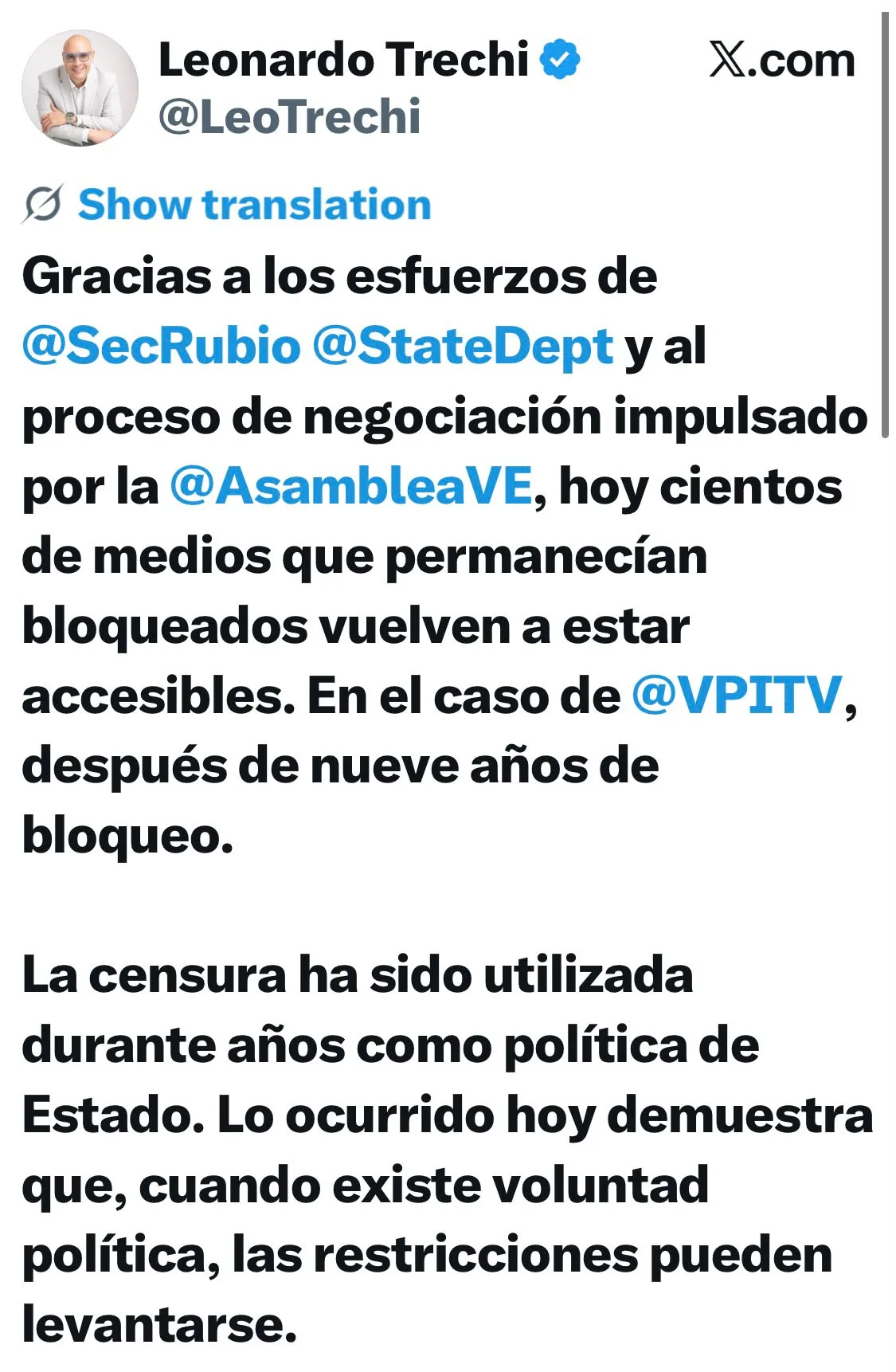 VPItv reconoce los esfuerzos de EEUU y la Comisión de Transición para avanzar en el desbloqueo de medios en Venezuela