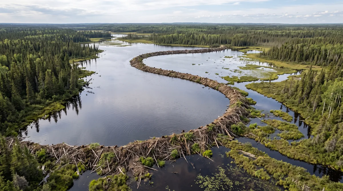 No meio de um parque canadense, castores ergueram uma barragem de 775 metros que segura cerca de 70.000 m³ de água, e a estrutura é grande o bastante para aparecer em imagens de satélite