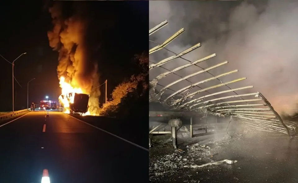 Incêndio em caminhão carregado com placas de LED provoca fila na BR-376, em Tijucas do Sul; motorista é encaminhado ao hospital