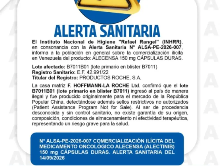 Emiten alerta sanitaria por venta ilegal de Alecensa 150 mg