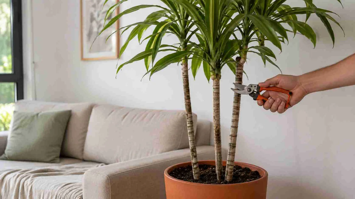 Dracena que já ultrapassou a altura do sofá: quando podar pode ser mais interessante do que simplesmente trocar a planta de lugar