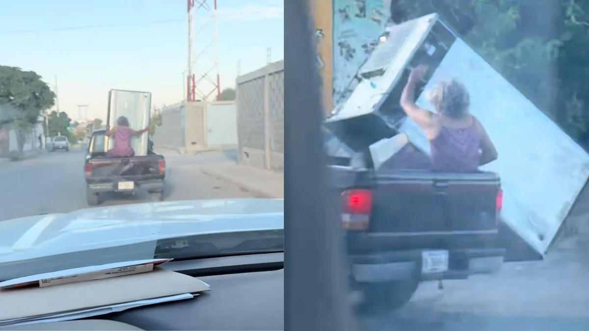 ¡Refri sale volando! Mujer intenta sujetarlo en la parte trasera de una camioneta en Acuña, Coahuila