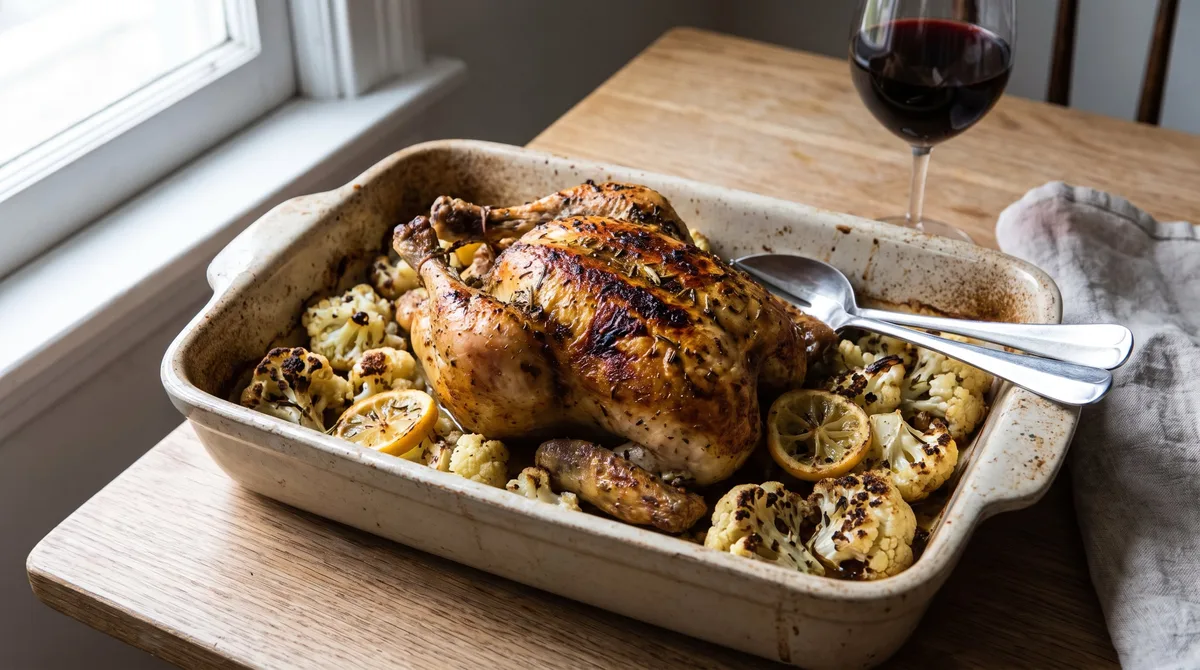 Receta de pollo al horno con coliflor, rápida y fácil