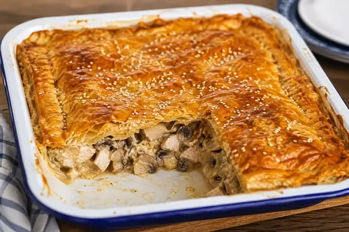 Easy creamy chicken and mushroom pie with puff pastry