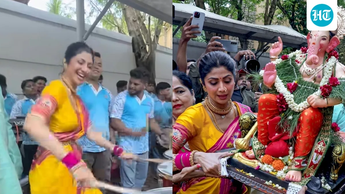 Shilpa Shetty plays dhol ‘like a pro’ at Ganpati Visarjan, dances with paparazzi; fans love her energy. Watch
