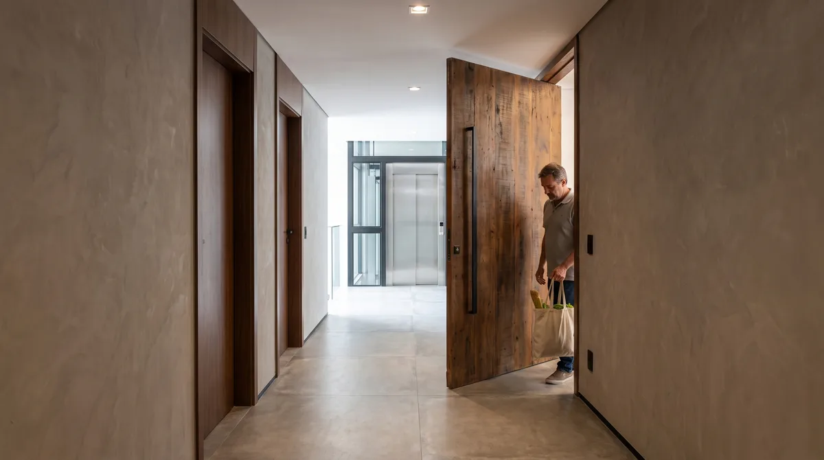 Moradora troca a porta do apartamento por um modelo que abre para fora e vizinho percebe que, quando ela está aberta, metade do corredor e o acesso ao elevador ficam bloqueados