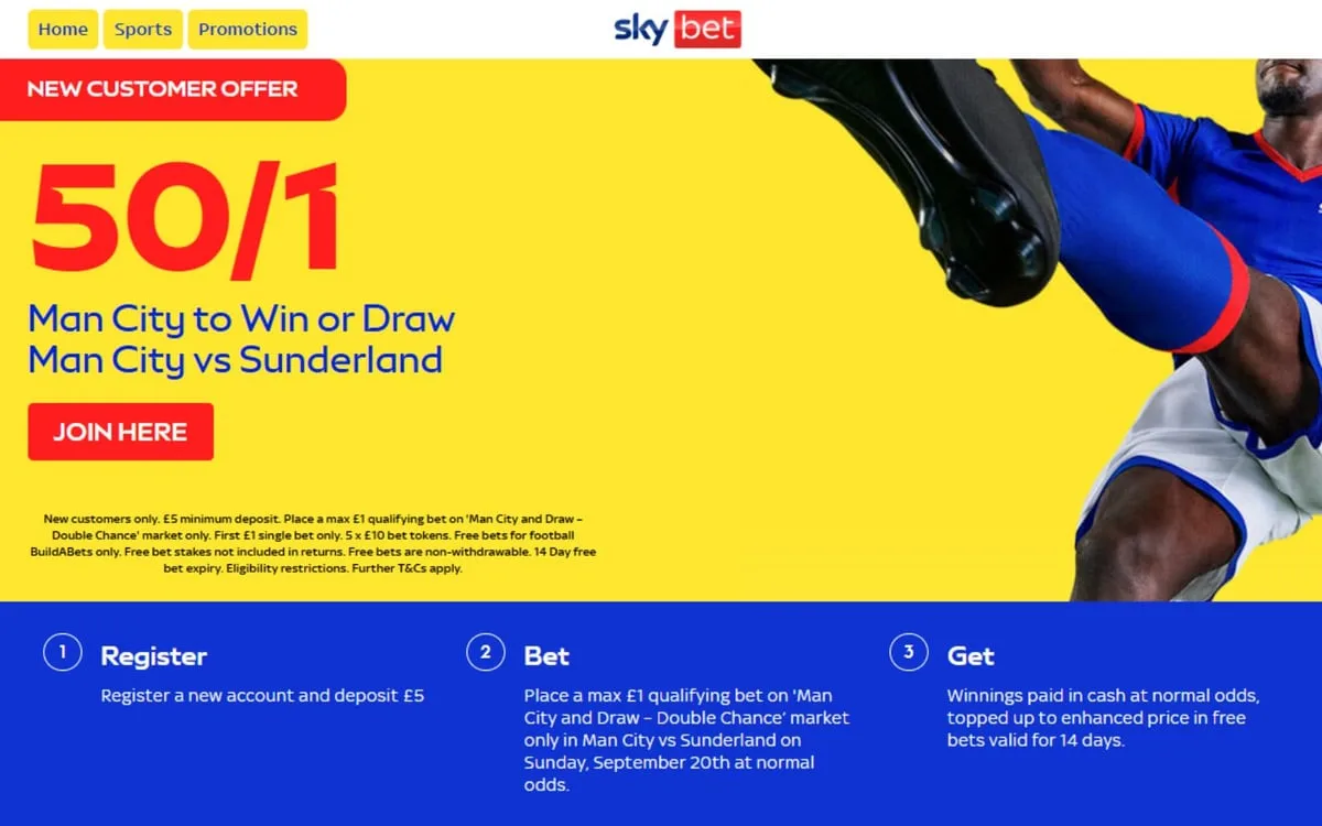 Sky Bet offer: 50/1 for Manchester City to avoid defeat vs Sunderland