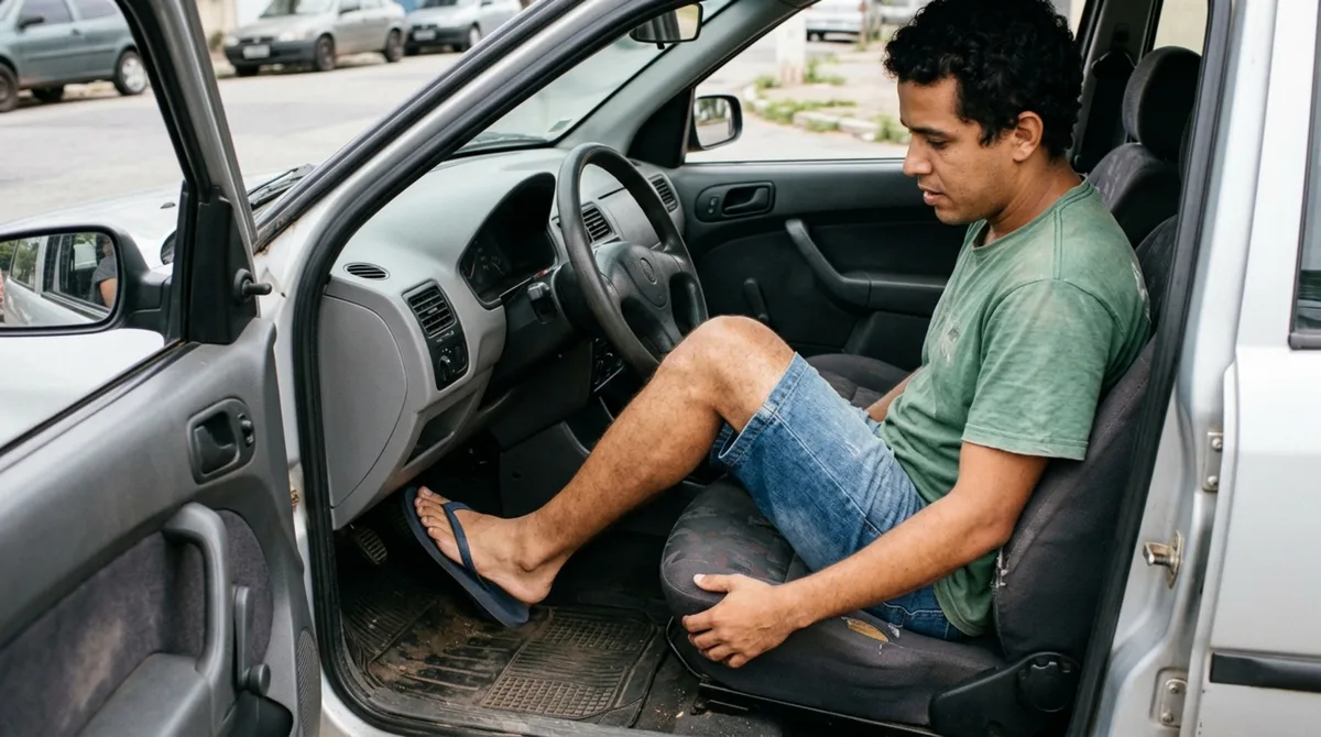 Motorista sai de chinelo para um trajeto curto e descobre que a lei não proíbe o calçado pelo nome, mas por um detalhe que muita gente ignora