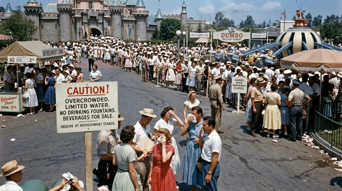 O dia da inauguração da Disneyland fazia 38°C e nem fonte de água tinha